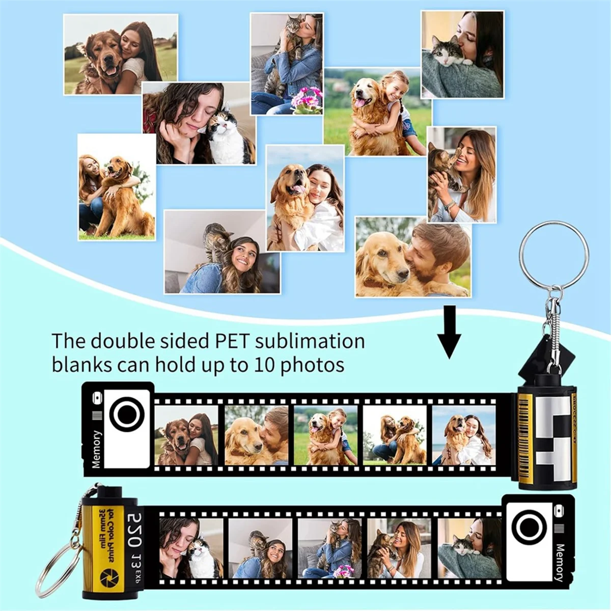 ABLK Paquete de 8 llaveros de rollo de película de memoria de sublimación, llavero de recipiente de rollo de película de cámara en blanco de sublimación de doble cara