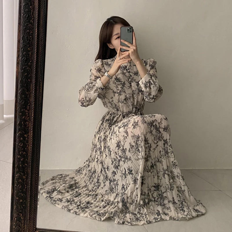 New Spring Chiffon Dress Women Korean Fashion Stand Collar Long Sleeve Lace Up Slim Waist Pleated Long Dresses Elegant Vestidos