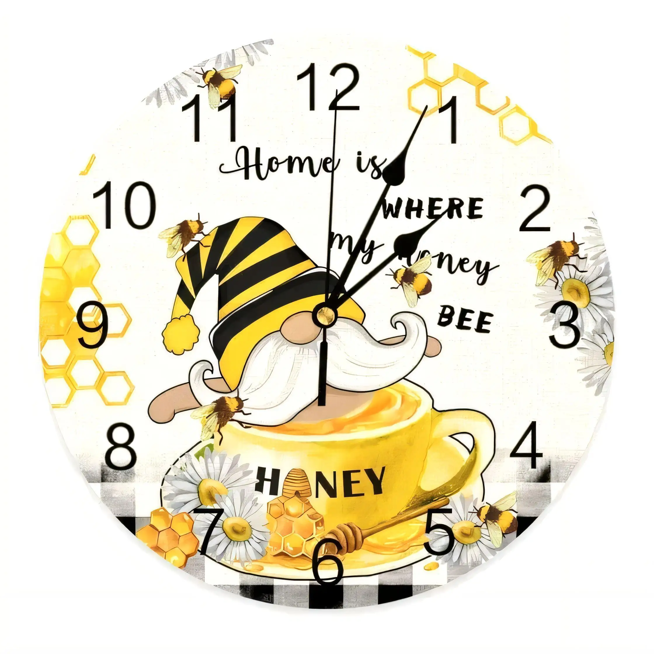 Whimsical Round Wall Clock  Home Where My Honey Bee Cartoon Gnome Daisies Honeycomb Decor for Kitchen Living Room