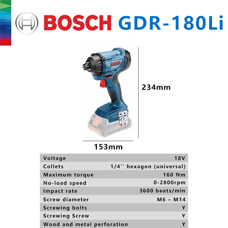 Bosch Rechargeable Impact Wrench GDR 180 LI 18V 160Nm Driver Electrical Impact Screwdriver Hand Drill Original Power Tools