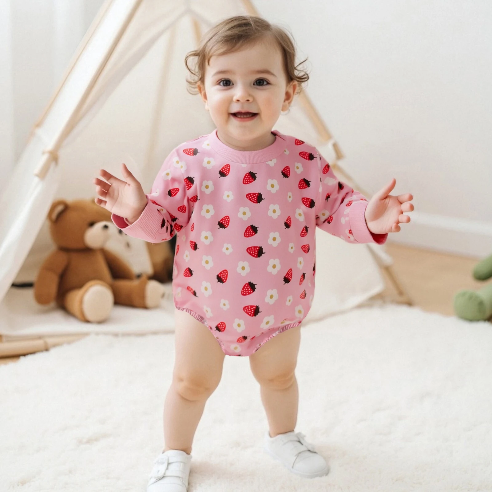 

Baby Girls Autumn Crewneck Romper Sweatshirt Infant Strawberry Flower Print Playsuit Jumpsuit Newborn Clothes