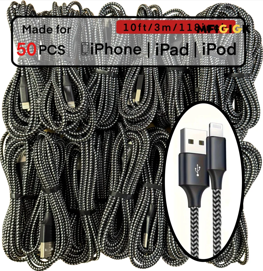 

MFIGlGK 50 шт. зарядный кабель, плетеный USB-кабель Lightning to USBCable, 10 футов для iPhone14/13/12/11/XS/XR/8/7/6/5 шнур FastCharg