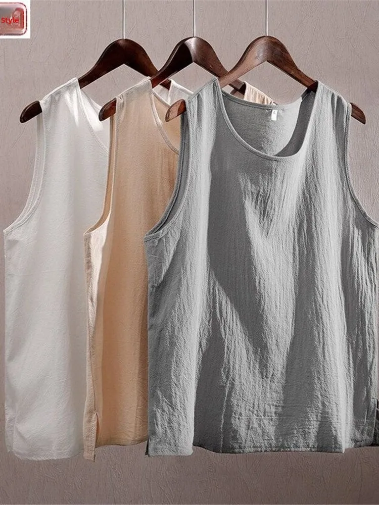 Summer Loose Cotton Linen Sleeveless Vest Men's Style Thin Linen Sweatshirt Tank Top Breathable Lightweight round Neck Design