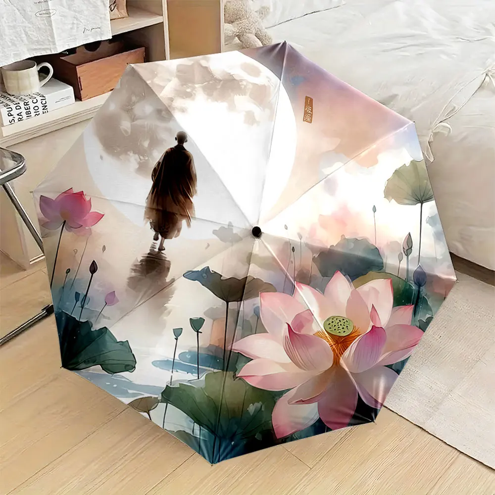 Tranquil Monk with Lotus and Moon Art Umbrella Compact Fashion Folding Umbrella for Daily Use, Christmas Gift