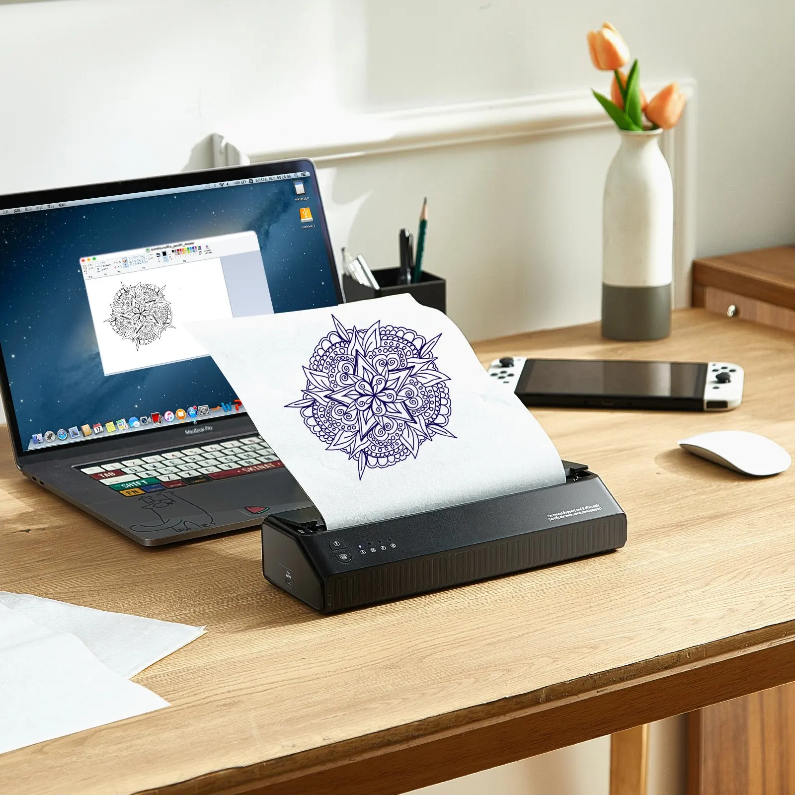 Impressora de estêncil de tatuagem, máquina de estêncil de transferência de impressora de tatuagem sem fio Bluetooth com papel de transferência de 10 unidades, compatível