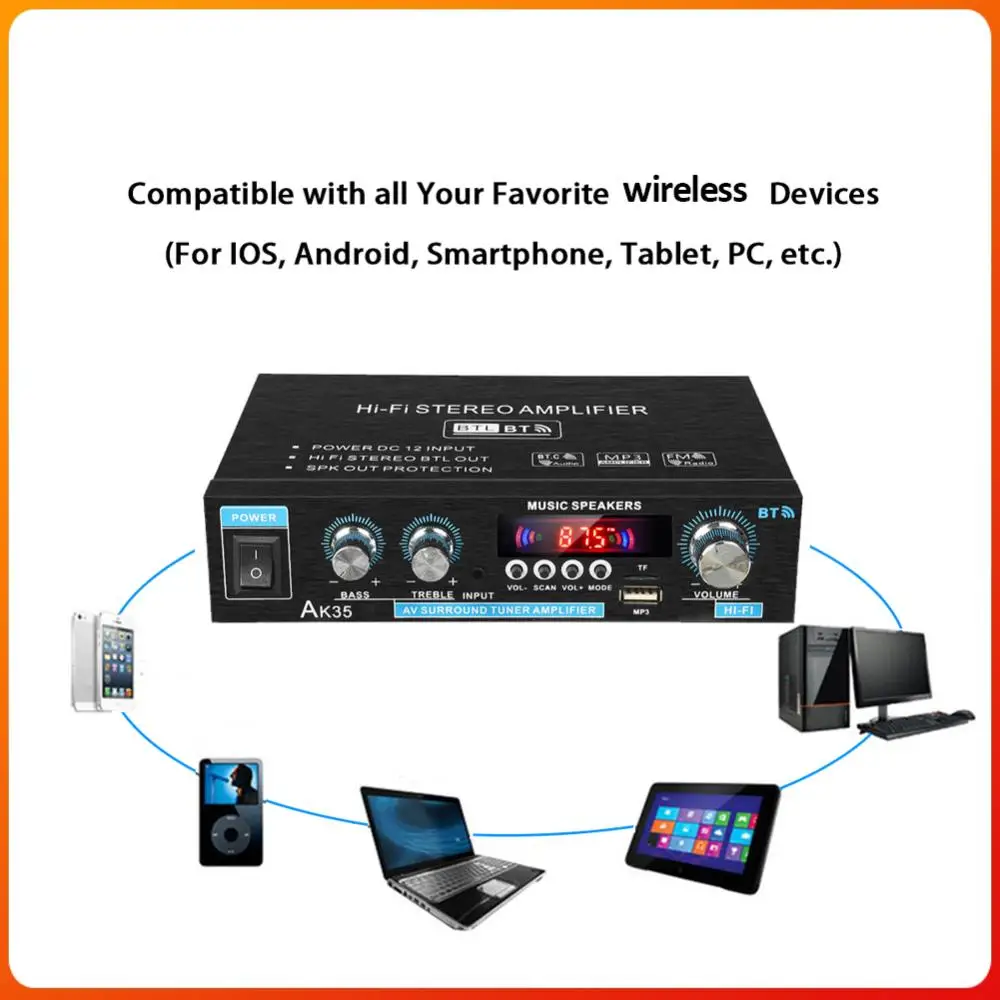 

AK35 Bluetooth HiFi стереофонический аудиоусилитель с USB, TF, RCA, AUX и пультом дистанционного управления