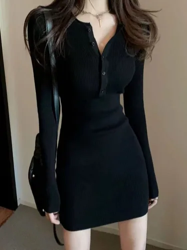 Imagen 1 del producto Otoño Invierno Mini vestido de mujer con cuello en V botón Sexy suéter elegante vestidos ajustados bata de manga larga Falda corta cintura sólida