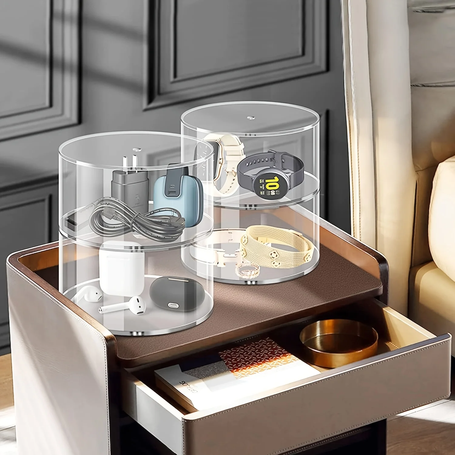 Clear Acrylic One-Layer Round Belt Organizer: 14cm Diameter, 6.5cm Height, Jewelry & Accessories Storage
