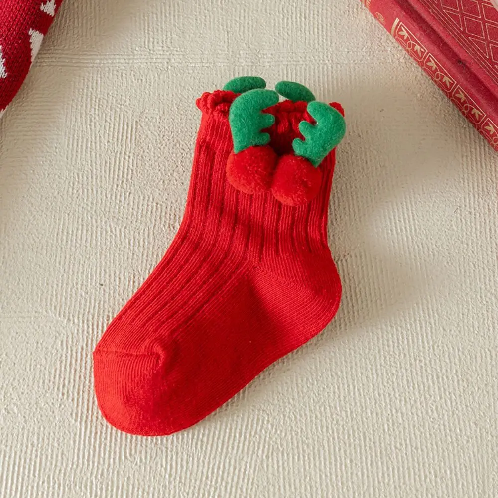 Soft Red Green Children Christmas Socks Bowknot Antlers Cartoon Socking Stripe Christmas Tree Kid Cotton Socks Children