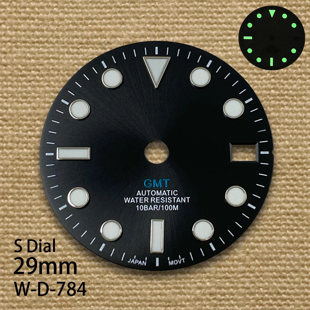 Alta qualidade 29mm gmt s logotipo mostrador japonês adequado para movimento nh34 acessórios de modificação de relógio luminoso verde