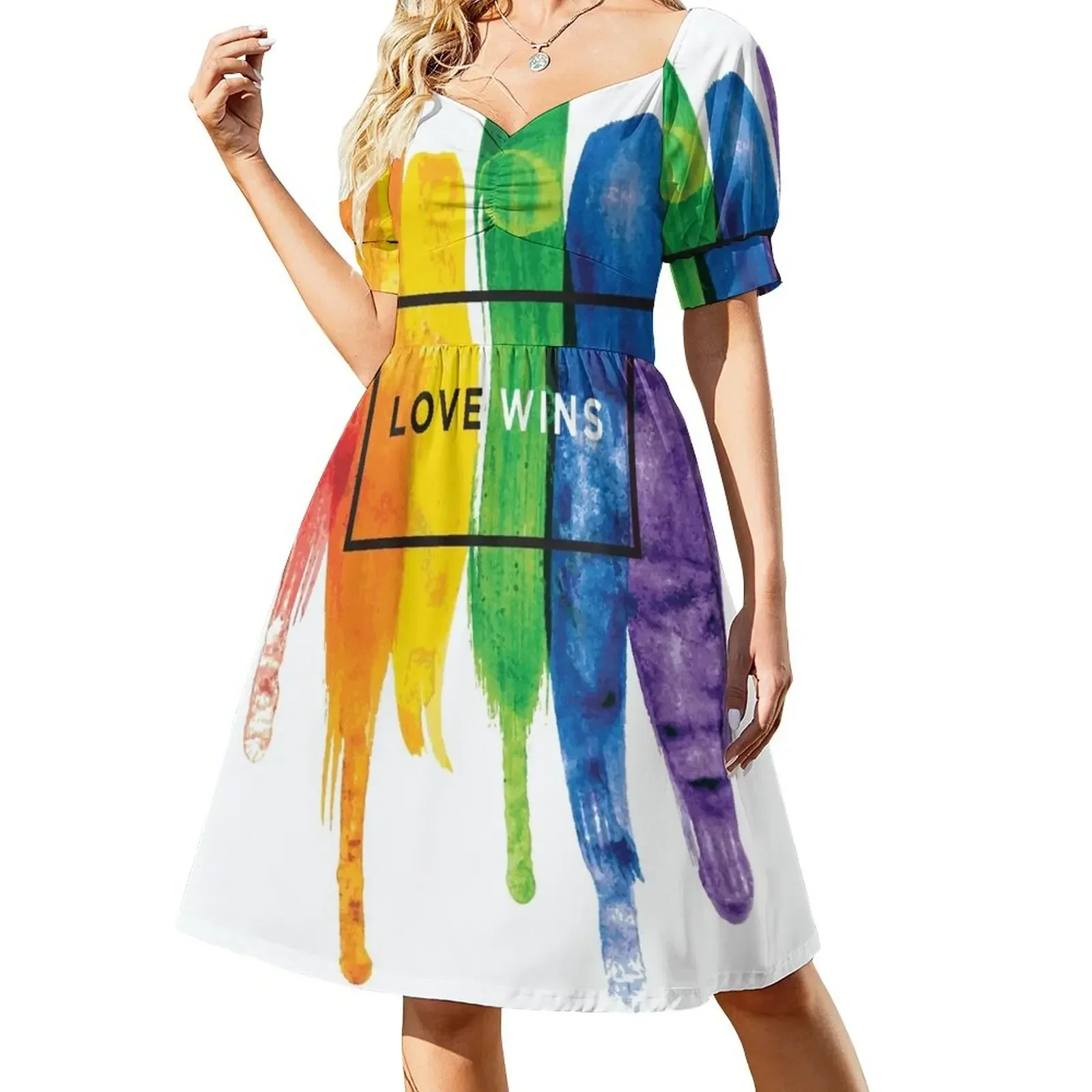 

Watercolor LGBT Love Wins Rainbow Paint Typographic Short-Sleeved Dress women's elegant loose dresses dresses summer