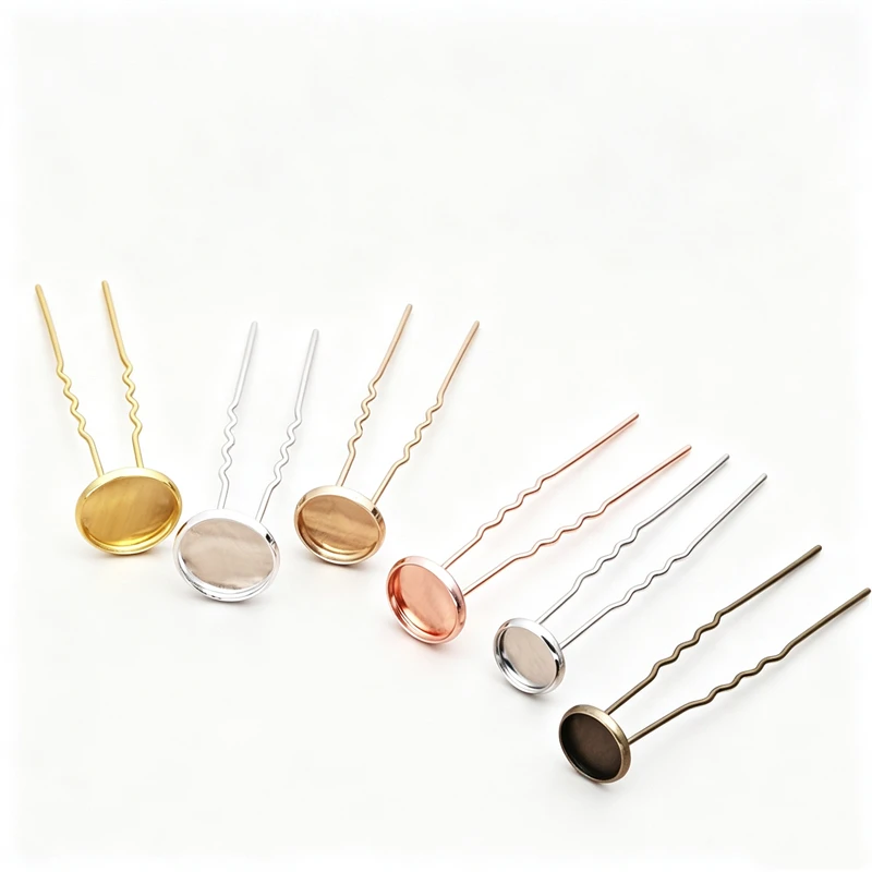 BoYuTe (50 Pieces/Lot) Round Bezel Tray Blank U Wavy Hair Fork DIY Hairpin Base Settings Hanfu Hair Accessories