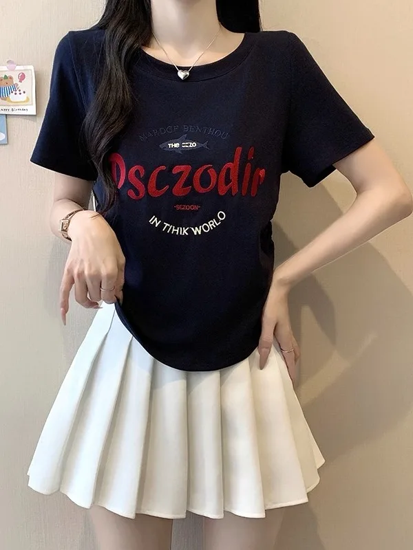 

plus Size Women's T-Shirt Short Sleeve Embroidered Print Drawstring Lazy Style Summer Fashion Top High Waist Skirt Design
