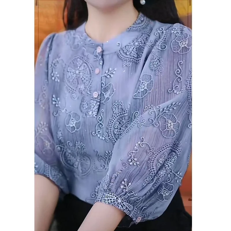 

Chic Summer Lace Trim Slimming Cover up Women's Shirt Korean Style Loose Fit Button Detail Printed 7/8 Sleeve Silk Georgette ...