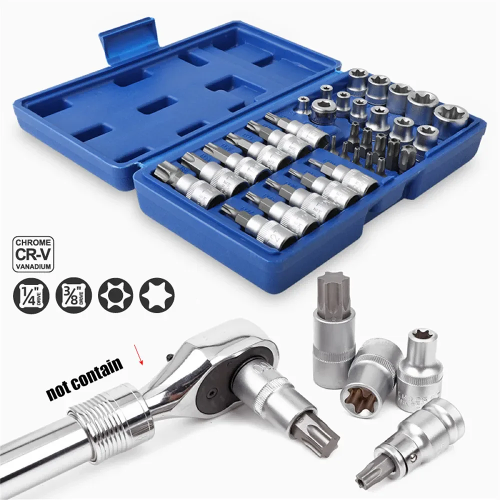 34 pz Torx Bit Socket e E-Torx Star Socket Set 1/4 "3/8" 1/2 "Drive Maschio Femmina E-torx Punte di Sicurezza Set Meccanico Moto