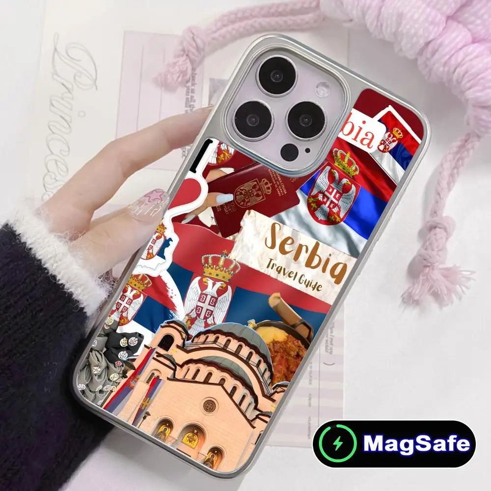 

Чехол для телефона с флагом Сербии для iPhone 17 16 15 14 13 12 11 Air Pro Max Plus, с поддержкой MagSafe, серебристое покрытие, красочный, роскошный