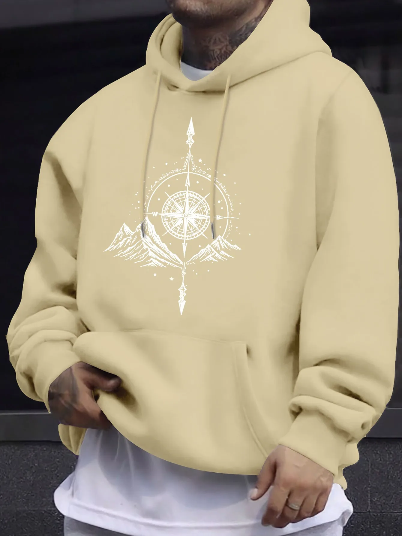 Fall/Winter Men's Casual Hooded Sweatshirt with Drawstrings and Kangaroo Pockets, Geometric Compass Print