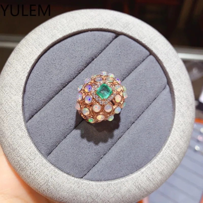 YULEM 100% Natural Emerald Ring for Engagement 5mm*5mm Emerald Silver Ring 925 Sterling Silver Emerald Ring with 3mm Opal Stone image 3