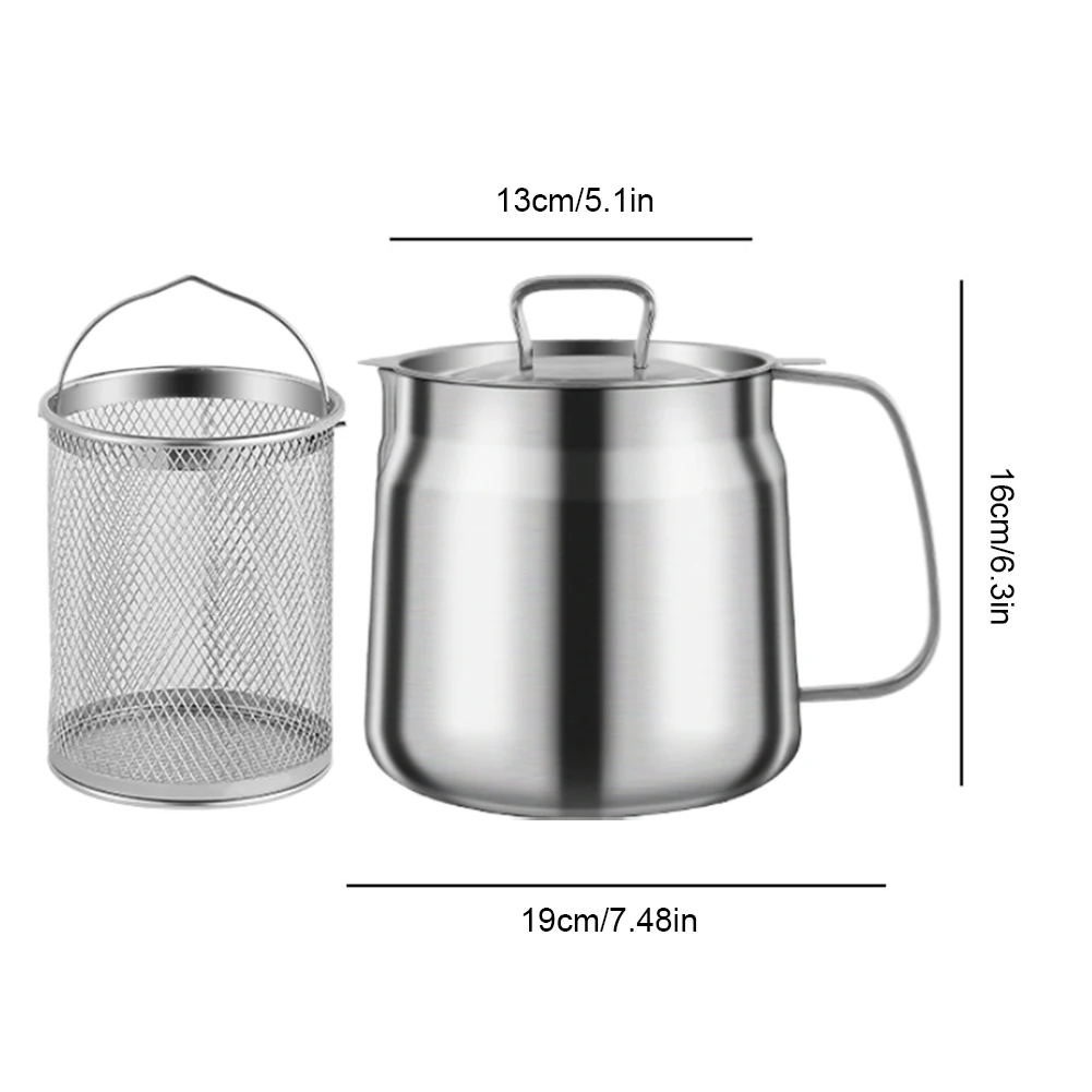 1.5/2L Oil Filter Vessel Multi-Functional with Frying Basket Grease Container Large Capacity  Stainless Steel Oil Strainer Pot