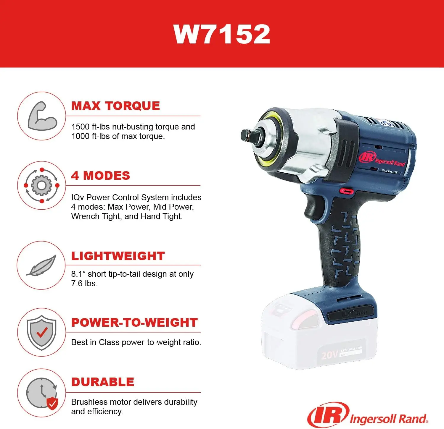 1/2" 20V Cordless Impact Wrench, Tool Only, W7152 Tool Only