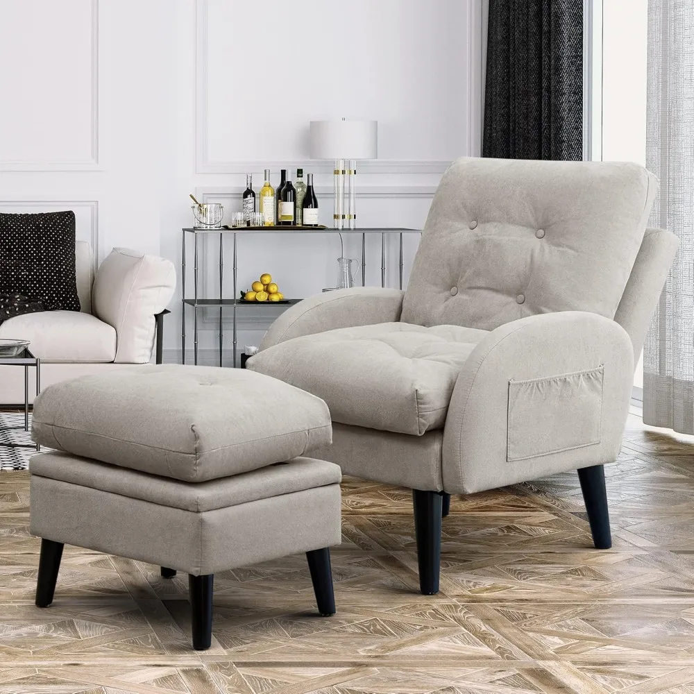 Accent Chairs with Ottoman, Upholstered Comfy Armchair with Adjustable Backrest&Storage Footrest, Lazy Chair Reading Ch