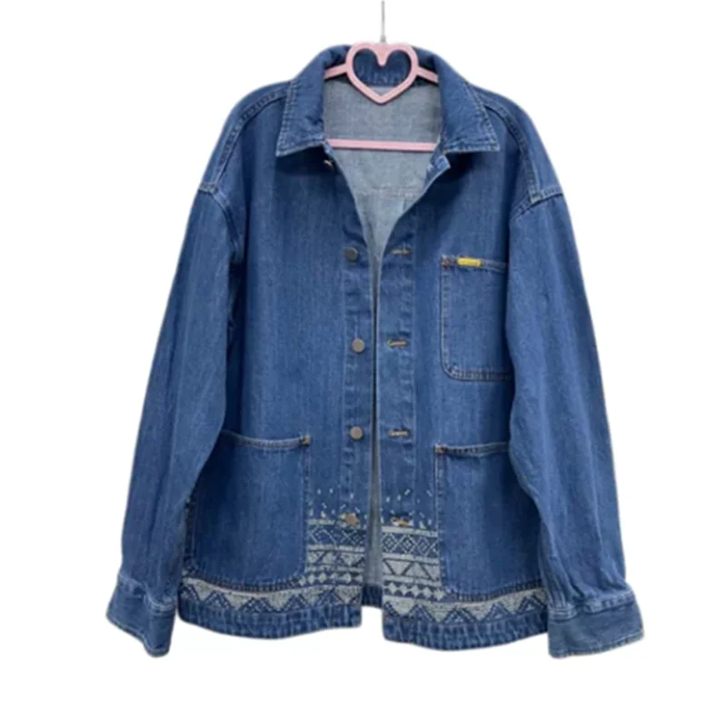 Vintage Womens Denim Jacket Lapel Button Up Jean Coat Women's Spring Autumn Cowboy Coat Hem Multi Pockets Loose Casual Outerwear