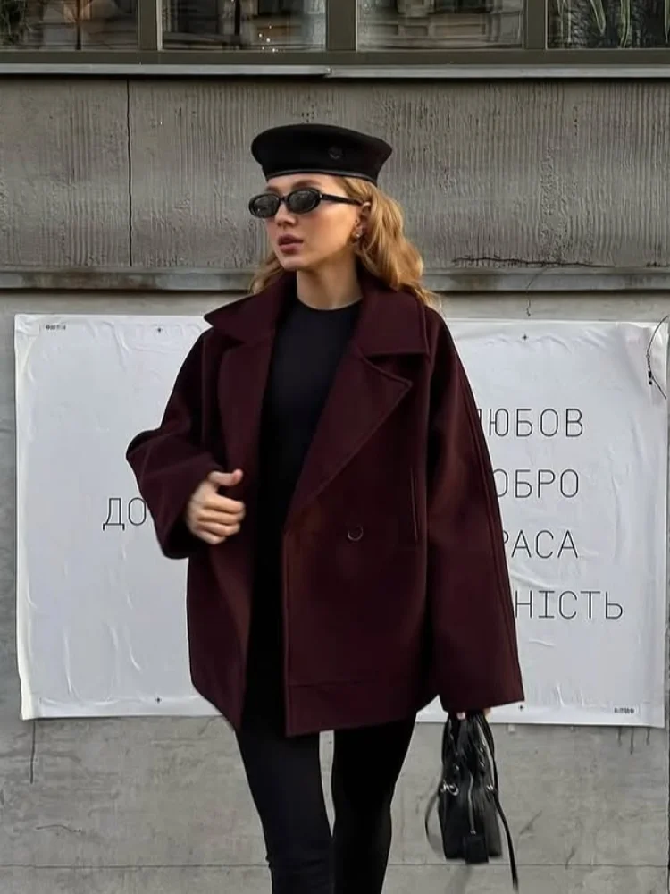 Casual rua feminino novo início do outono casacos rendas até lapela casaco de lã mulher cor sólida mangas compridas solto único botão casacos