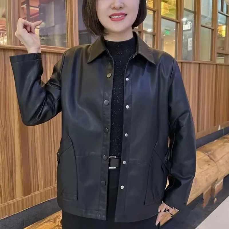2025 المرأة حجم كبير 5XL معطف جلد الخريف الإناث التلبيب فضفاض فو سترة جلدية السيدات الكورية طويلة الأكمام بولي Leather بلوزات جلدية #3