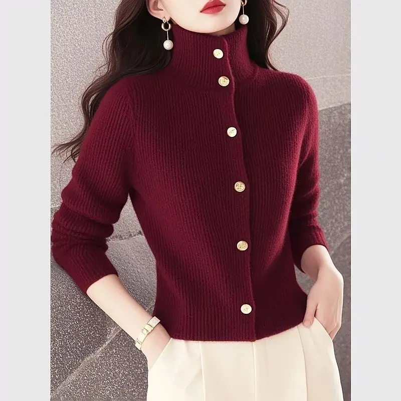 Autunno Inverno Abbigliamento donna Maglione lavorato a maglia rosso a collo alto da donna Lazy Luxe Feel Top pullover chic ed eleganti