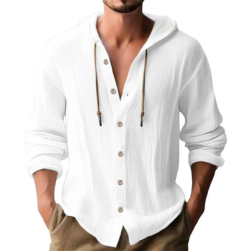 Men's Cotton Linen Hooded Cardigan, Solid Long Sleeve Shirt, Drawstring Loose Casual Beach Top
