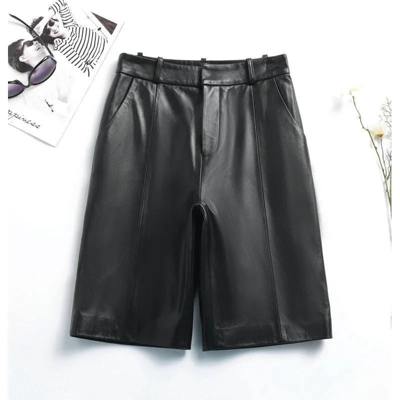 

Fall 2025 Women's High Waist Slimming Wide Leg ort Pants Real eepskin Leather Casual Trousers Versatile Faionable