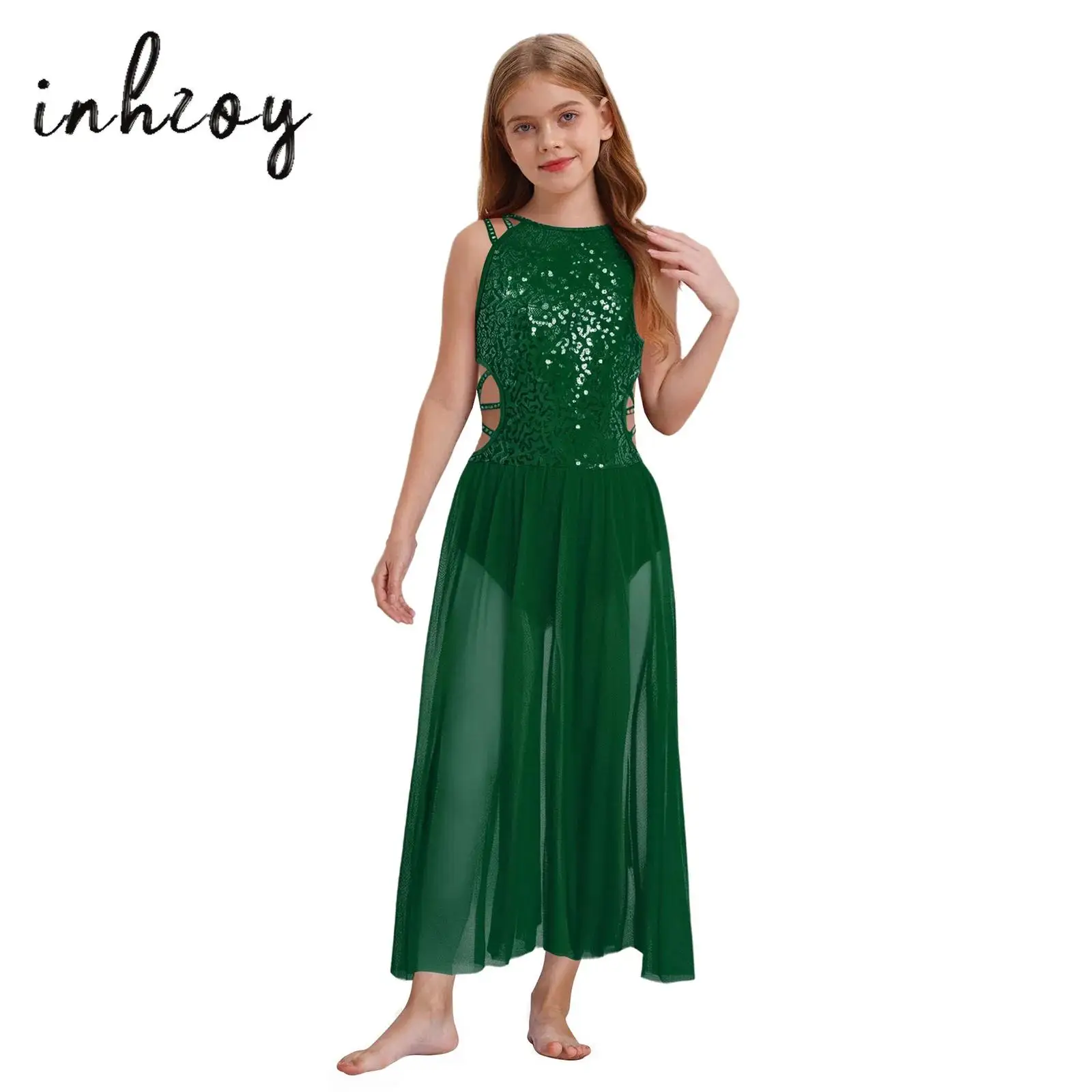 

Kids Girls Lyrical Ballet Dance Dress Glitter Rhinestones Sequins Strappy Cutout Waist Bodice Side Split Dress Modern Dancewear