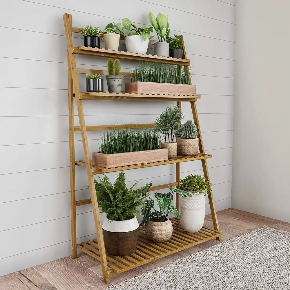 4-Tier Bamboo Ladder Plant Stand - Versatile Indoor/Outdoor Storage for Plants, Pots, Shoes, and More