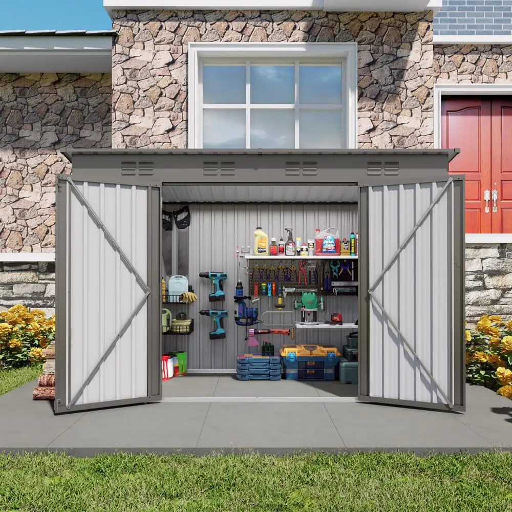 Outdoor Storage Shed 4 x 9 Ft, Gray Metal, Sloping Roof, 2 Swing Doors, Customized
