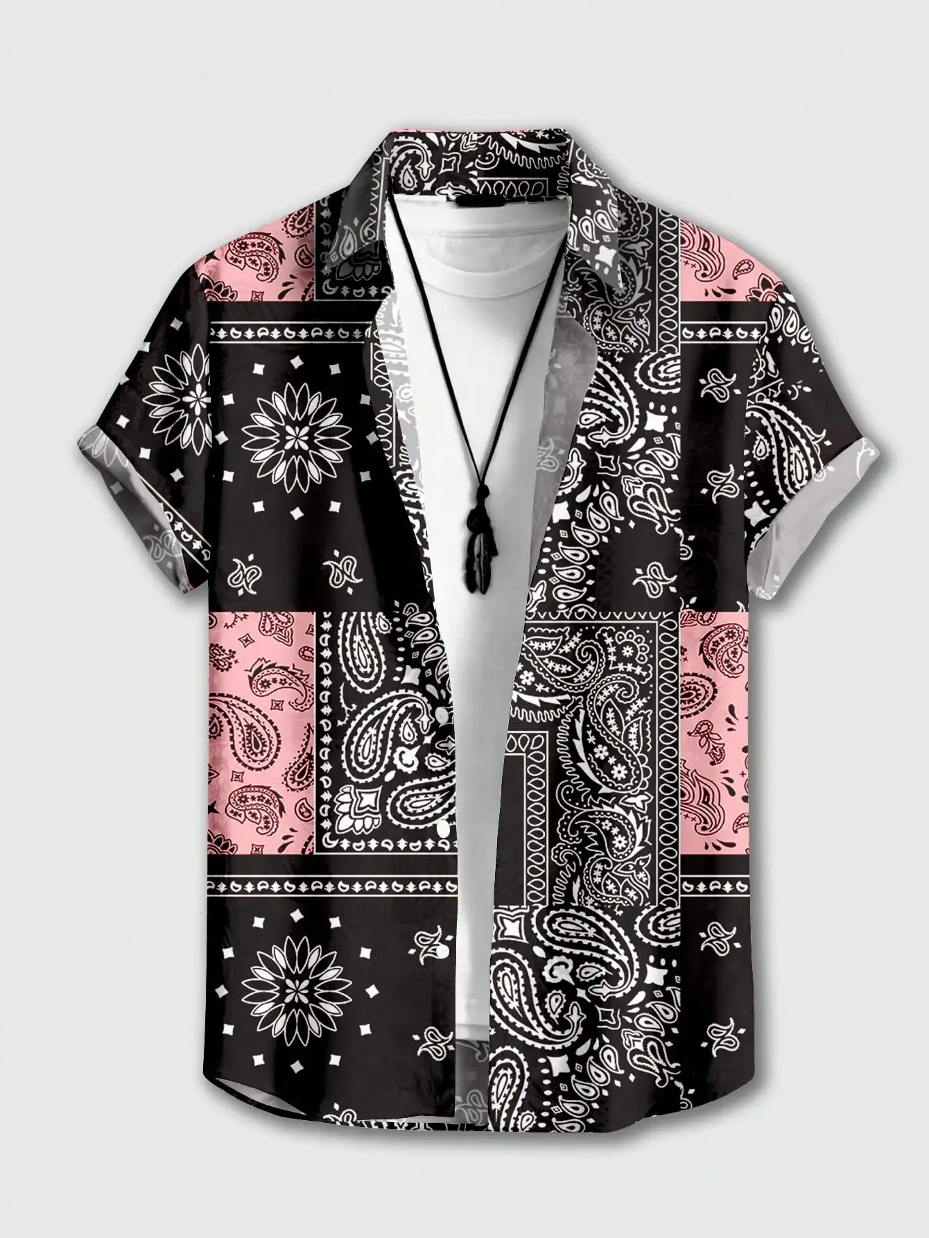 

Men's Short Sleeve Paisley Print Patchwork Shirt for Summer Casual Wear