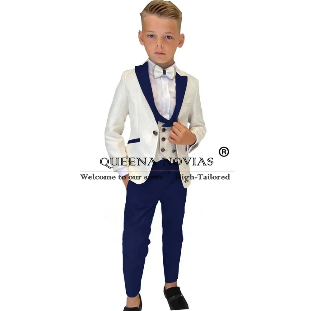 Traje de niño azul real para boda, Blazer Floral Jacquard con solapa de pico, chaleco, pantalones, esmoquin Formal de fiesta para niños, a medida, 3 piezas