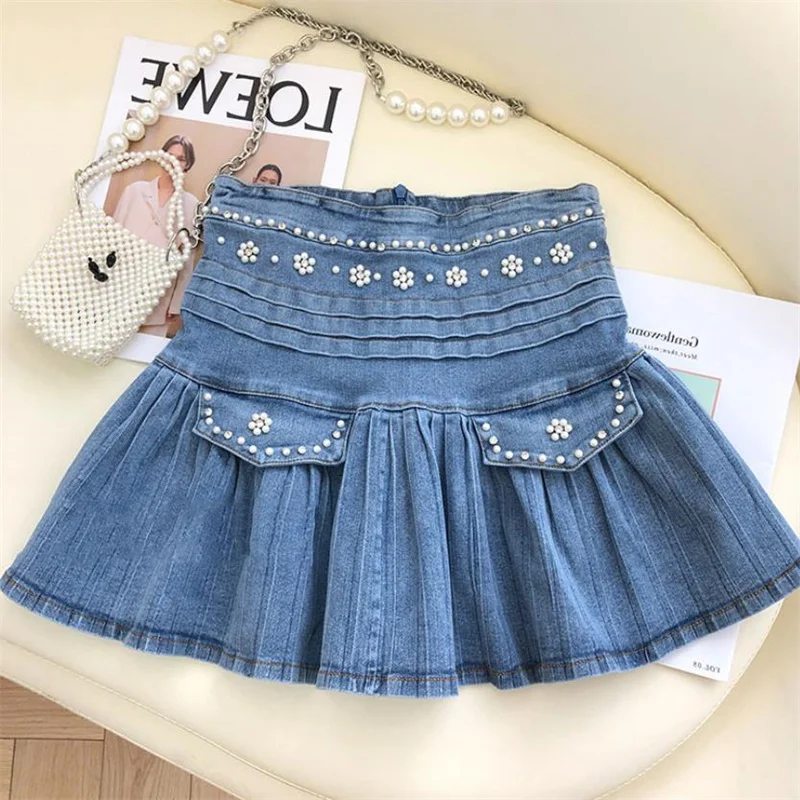 

Denim pleated skirt women's new high-waisted slim a-line short skirt design fashion