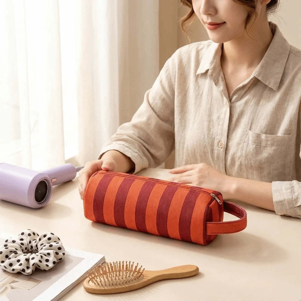 Large Capacity Hair Dryer Storage Bag Dustproof Stripe Design Curler Storage Bag Multi-Functional Lightweight Makeup Bag