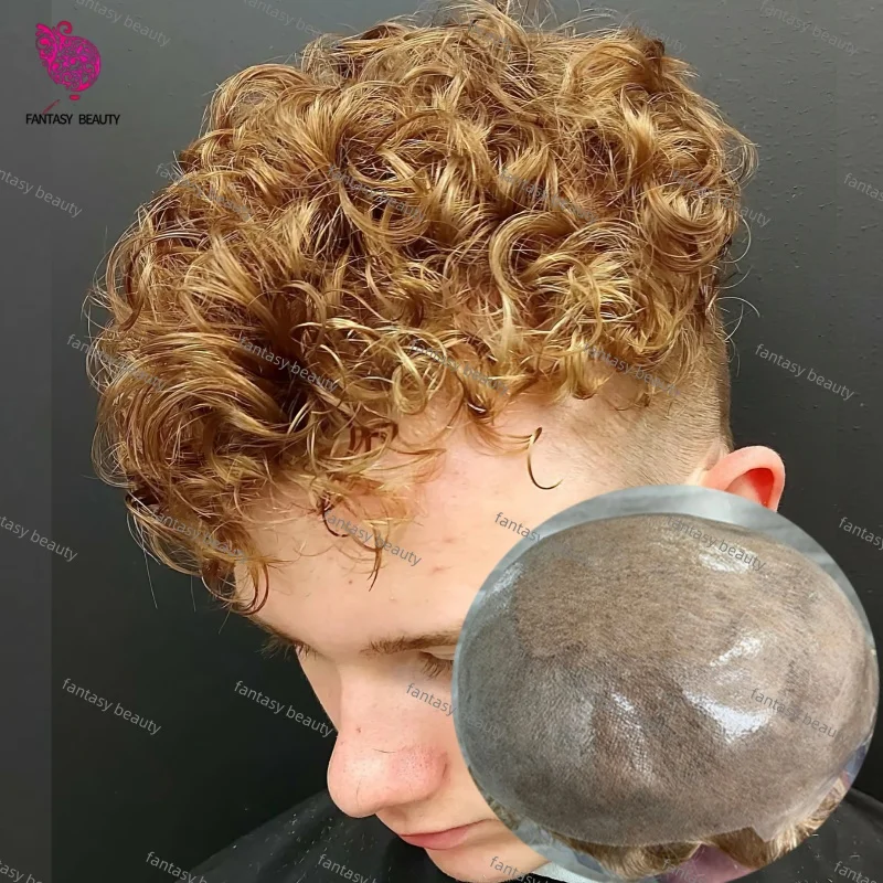 

Natural Hairline 100%European Human Prosthesis Hair 20MM Curly Male Wig #22R Blonde Durable 0.06MM Thin Skin PU Base Men Toupee