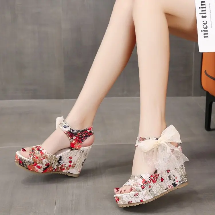 INS Hot Lace Leisure Women Wedges Heeled Women Shoes 2022 Summer Sandals Party Platform High Heels Shoes Woman