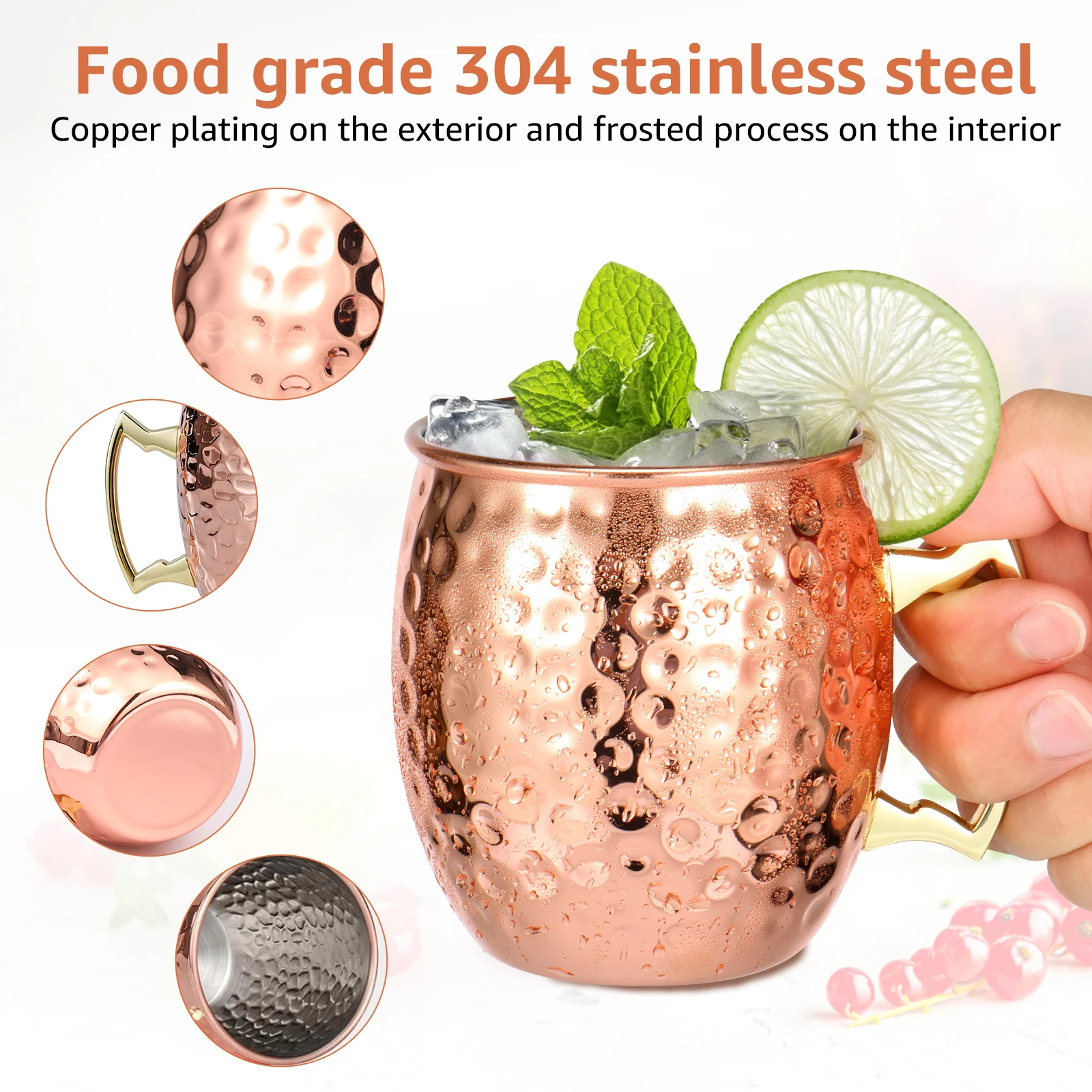 Rose Gold Plated Stainless Steel Moscow Mule Mug Set Hammered Copper Plated Cocktail Champagne Glasses Bar Party Drinkware