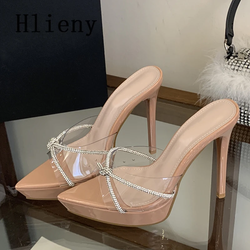 Hlieny Designer Crystal Rhinestone Transparent Shoes For Women Platform High Heels Modern Slippers Summer Pointed Toe Sandals