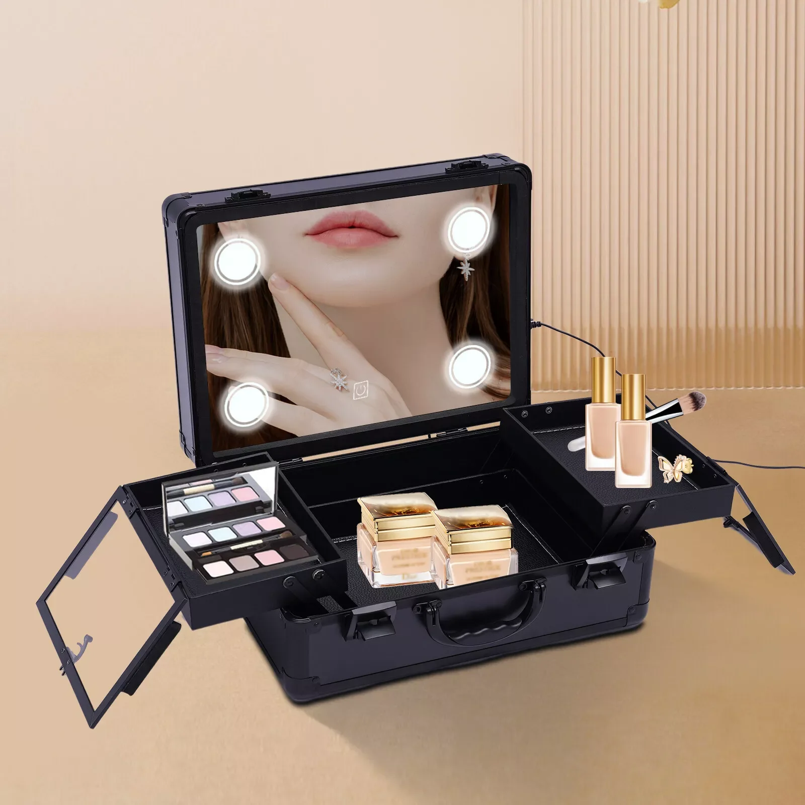 Make-up Set Tragbar Cosmetic Box Train Case Aufbewahrungsbox mit Lichtern