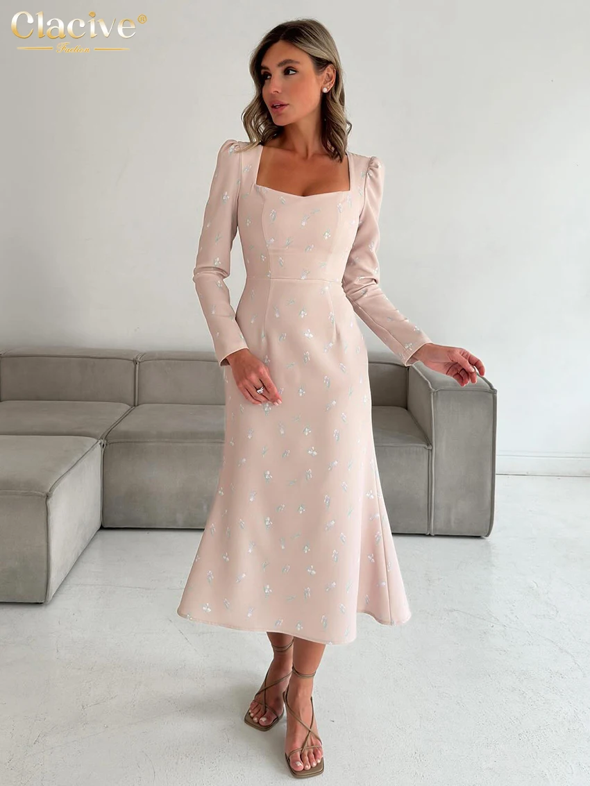 

Clacive Fashion Slim Print Women's Dress Elegant Square Collar Long Sleeve Ankle Length Dresses Vintage High Waist Female Dress