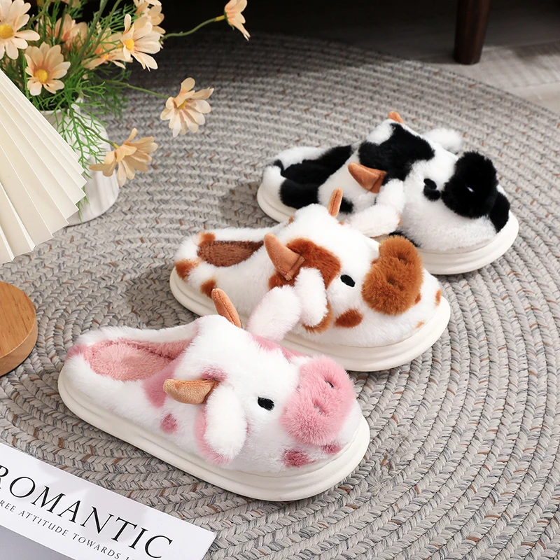 3D Cow Plush Slippers Women Home Winter Fluffy Platform Mules Shoes Girls Animal Cartoon Indoor Fuzzy Fur Slides Unisex Non-Slip