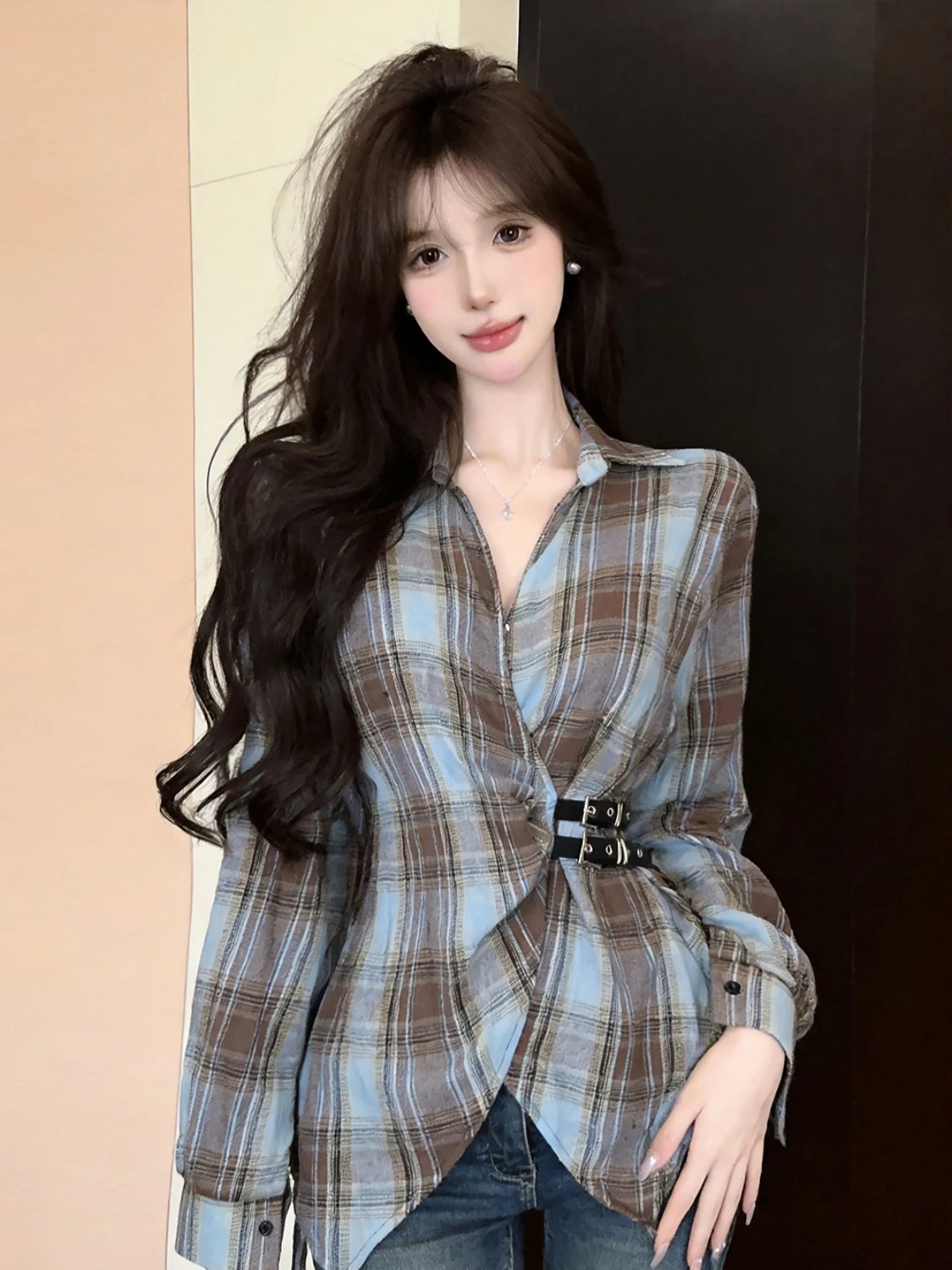 Retro Lazy Style Long Sleeve Fleece Flannel Shirt Women's Loose Slimming Casual Outerwear Autumn Season Polka Dot Pattern
