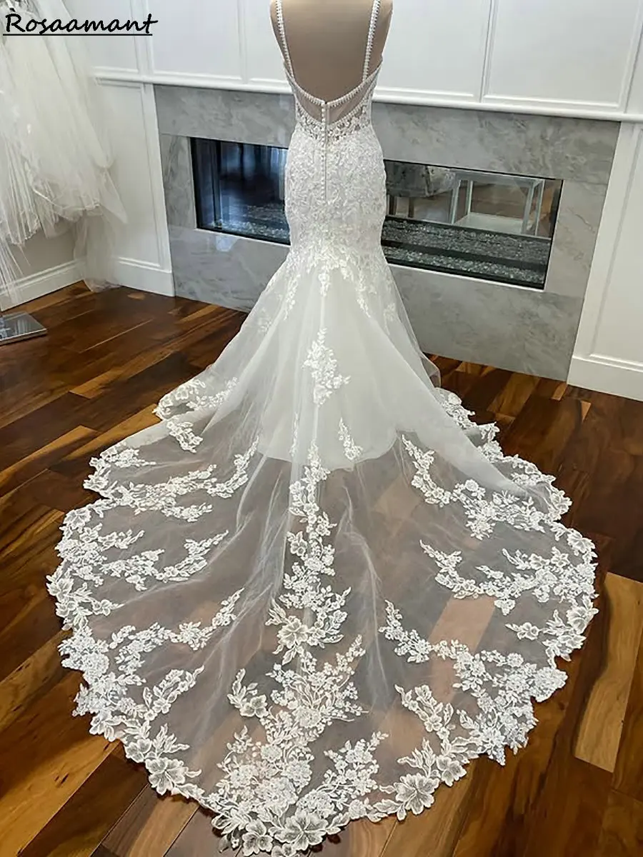 ロマンチックなイリュージョンスパゲッティストラップマーメイドウェディングドレス背中の開いたアップリケレースカントリーブライダルドレス