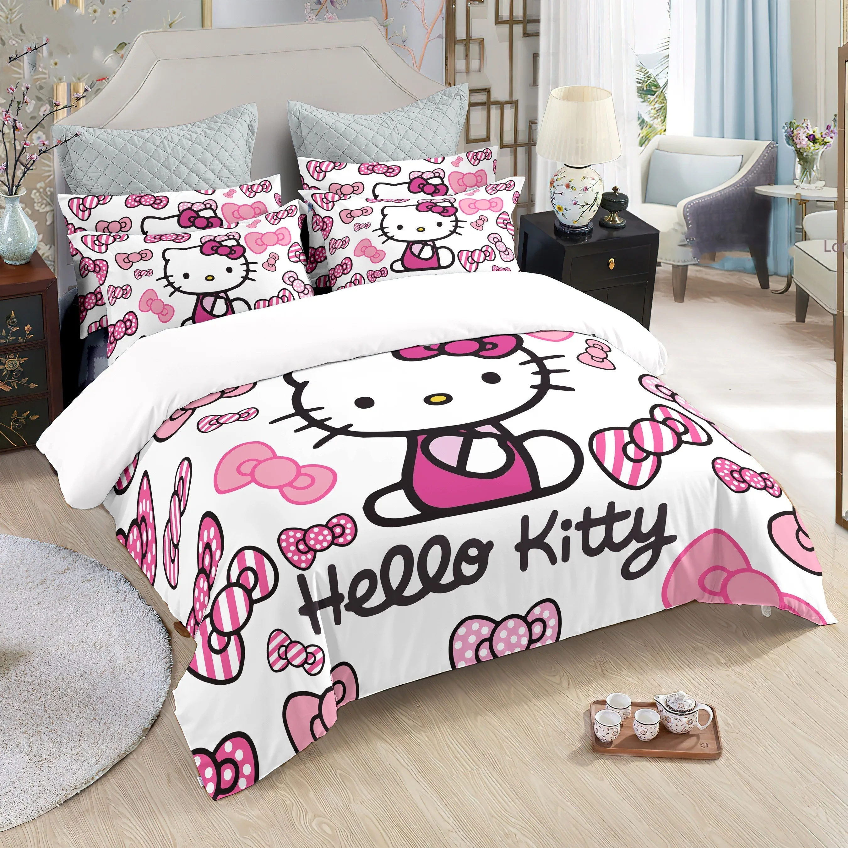 

Hello Kitty Duvet Cover Bow 3pcs Bedding Set 1pc Quilt Cover 2pcs Pillowcases Cartoon Design Suitable for All Seasons