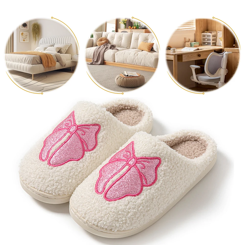 Plush Bow Slippers Non-Slip Cute House Slippers Comfortable Kawaii Furry Slippers Fluffy Bow Slippers for Autumn Winter