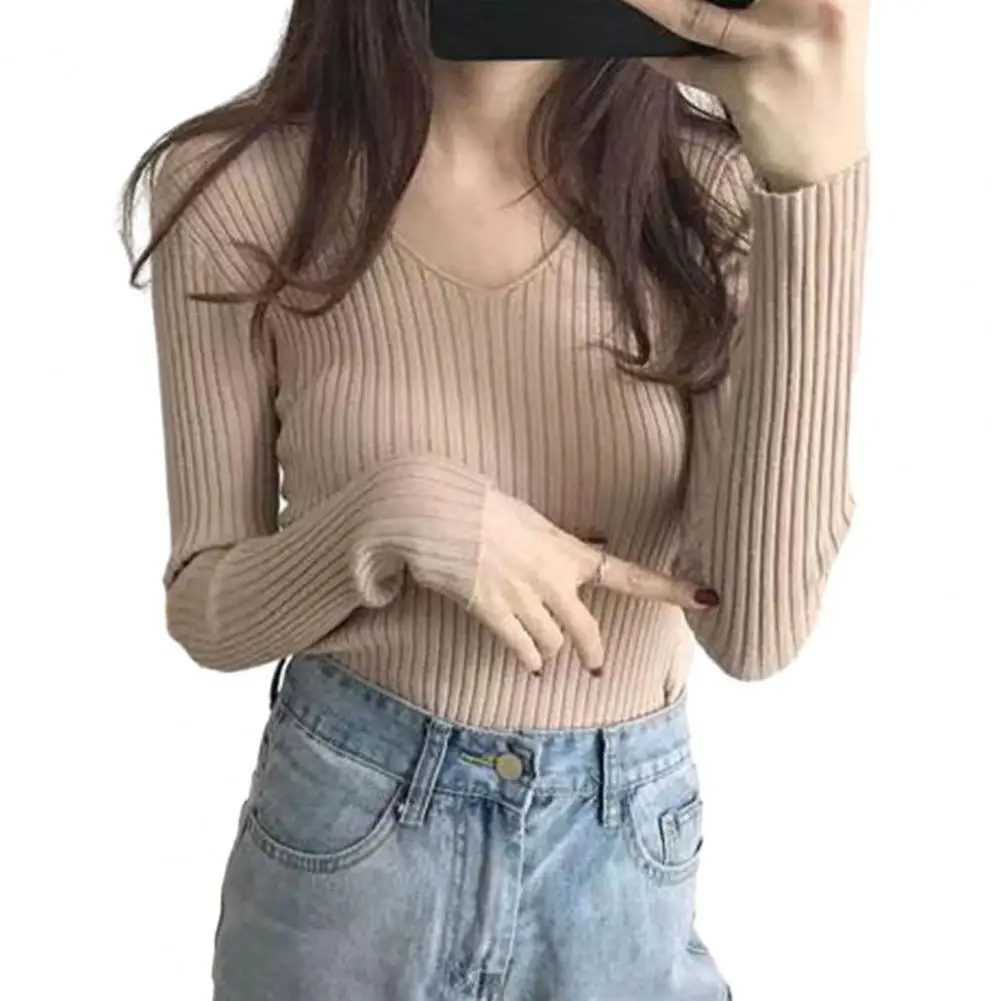 Sweater Women Top Knitted Slim Fit V Neck Solid Color Soft Elastic Pullover Long Sleeve Bottoming Top Lady Winter Sweater